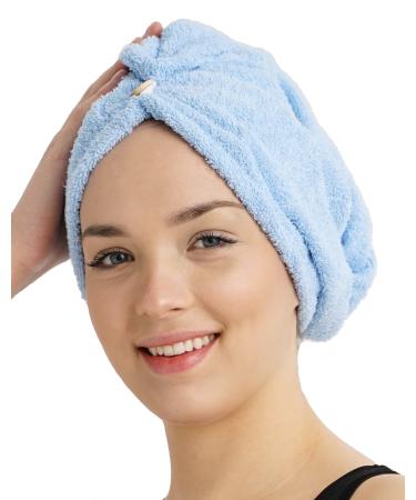 GELVARIS HOME Cotton Hair Towel Wrap for Women with 2 Buttons | Super Absorbent | Hair Wraps for Women Wet Hair | Not Microfiber | Rapid Drying Towel for Hair  Quick Dry Hair Turban (Blue)
