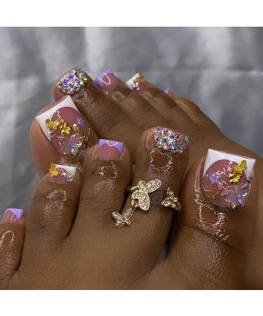 White French Tip Press on Toenails Short Square Rhinestone Fake Toenails with Gold Butterfly Designs Summer Rhinestone Toe Nail Press ons Glitter Full Cover Acrylic Toenails for Women Girls 24Pcs style9