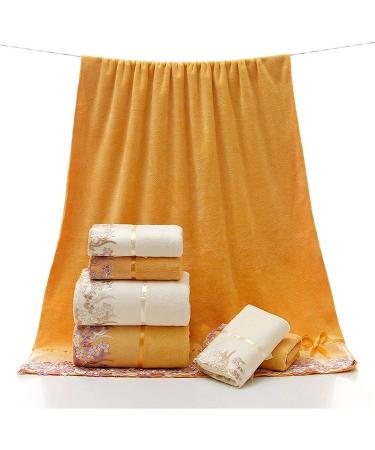 Lace Edge Embroidered Bath Towel Set - Super Absorbent Fiber - Yellow - 3 Piece Set - Buy Online on GoSupps.com