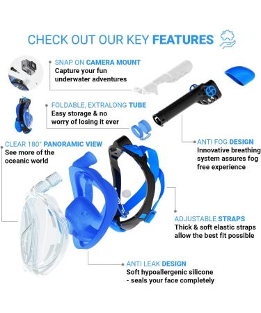 Cozia Design Full Face Snorkel Set - Blue, Adult Size Large-X-Large | 180 Panoramic View, Anti-Fog, Anti-Leak - Includes Adjustable Swim Fins - Buy Online on GoSupps.com