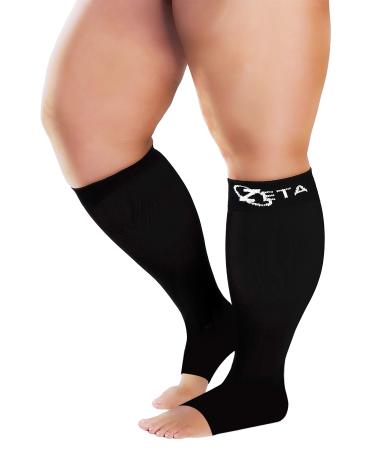 Zeta Plus Size Short Length Open Toe Leg Sleeve Support Socks - The Wide Calf Compression Sleeve Women Love for Its Amazing Fit  Cotton-Rich Comfort  Graduated Compression  1 Pair  3XL  Black XXX-Large Black