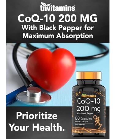 CoQ10 200mg Capsules with Black Pepper Extract - 150 Count | Max Absorption Antioxidant Supplement | 5 Month Supply | Boost Energy & Fight Free Radicals - Buy Online on GoSupps.com