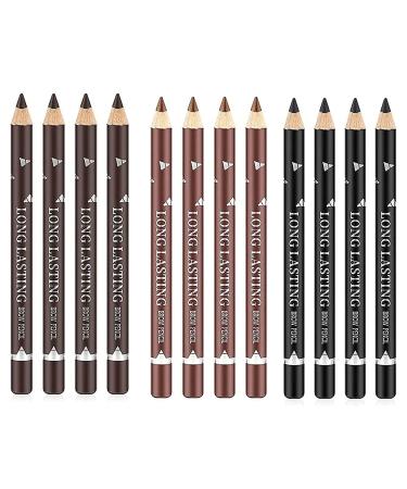 Go Ho 12 PCS Eyebrow Eyeliner Pencil Set, Waterproof Eyebrow Pencil,Long-lasting Sweat-proof Eyeliner Makeup Brow Tint Pen, 3 Colors(Black+ Brown+Dark Brown) 4 PCS Black+4 PCS Light Brown+4 PCS Dark Brown