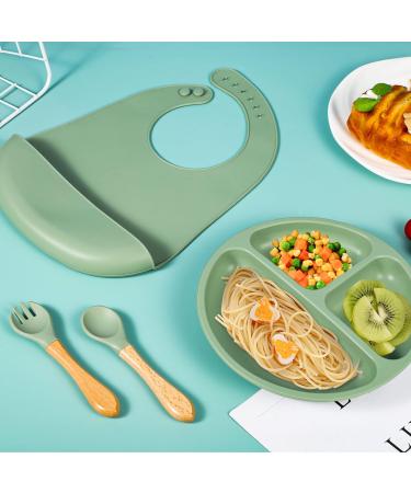 4 Piece Baby Weaning Set: Silicone Suction Divided Plate, Adjustable Bib, Spoon, Fork - Baby Led Feeding Supplies for Baby and Toddlers - Buy Online on GoSupps.com