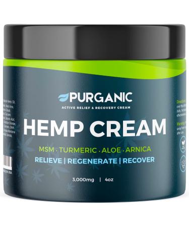 PURGANIC (4oz) Natural Hemp Cream - Maximum Strength - Help Relieve Tension Muscle Joint Lower Back Wrist Hands Elbows and Knee Aches - XL Jar - Made in USA