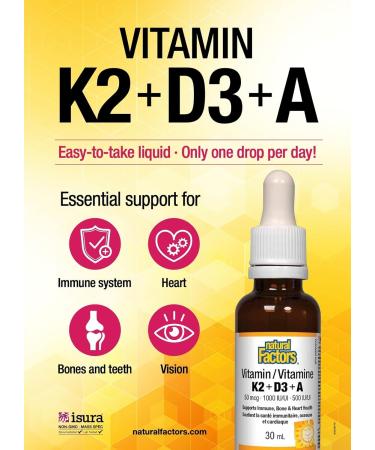 Natural Factors Vitamin K2 + D3 + A liquid drops 30ml Easy-to-Take Liquid 120 Doses per Bottle 50mcg/1000iu/500iu Supports Immune Health Bone & Teeth Health Vegetarian - Buy Online on GoSupps.com
