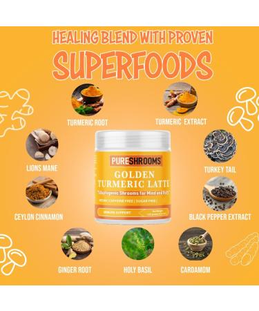 Golden Milk Turmeric Latte - Ultra Concentrated Superfoods - Lion's Mane & Turkey Tail Mushroom Ceylon Cinnamon Black Pepper Extract Tea Blend - Dairy-Free Made in Canada 30 Servings (125 grams) - Buy Online on GoSupps.com
