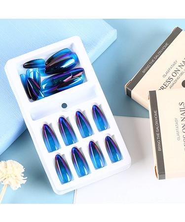72 Pcs Gradient Stiletto Fake Nails Set - Glossy Colorful Acrylic Tips with Adhesive Tabs and Nail File (Purple+Blue+White) - Buy Online on GoSupps.com