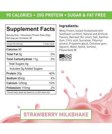 Vade Nutrition Strawberry Milkshake Whey Isolate Protein Packs - On-The-Go | Low Carb, Low Calorie, Lactose, Gluten, Fat & Sugar Free - 30 Servings - 1.6lb Pack - Buy Online on GoSupps.com
