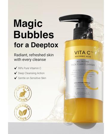MISSHA Vita C All-In-One Bubble Foam Cleanser - 200ml | Deep Pore Detox with 99% Pure Vitamin C | Korean Face Wash for Impurities Makeup Blackheads - Buy Online on GoSupps.com