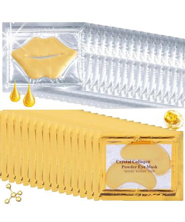30PCS 24k Gold Eye Mask and Crystal Lip Mask Gold Eye Patches for Puffy Eyes Dark Circles Anti-Aging Collagen Gel Lip Sleeping Mask and Under Eye Mask Effectively Moisturizes the Eye Lip Area