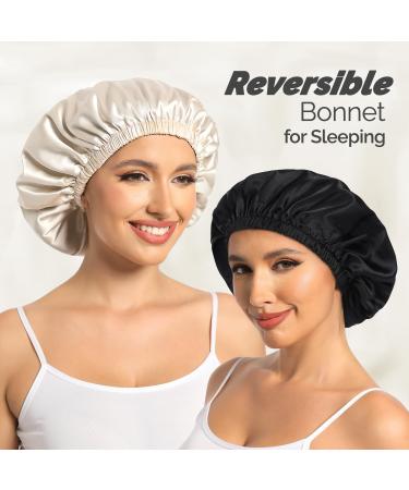Adjustable Silk Satin Bonnet | Double-Layer Sleeping Hat for Women - Champagne/Black - Buy Online on GoSupps.com