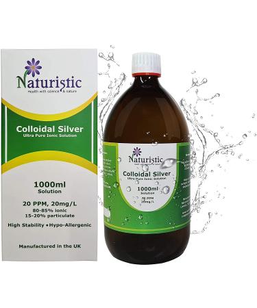 Naturistic Health Premium Colloidal Silver Water 20 PPM 1000ml Amber PET Small Particle Size for Optimal Results 100% Natural Immune Support (1000ml)