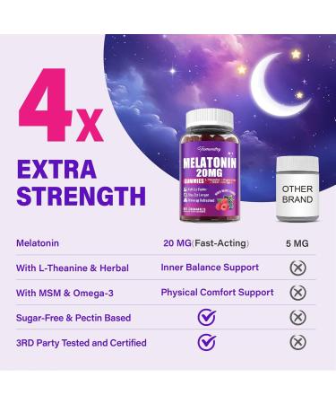Melatonin Gummies 20mg for Adults - Maximum Strength Melatonin Gummies with L-Theanine Magnesium Omega-3 MSM D3 & Zinc - Non-Habit Forming Vegan Non GMO Natural Mixed Berry Flavor Mixed Berries 60 Count (Pack of 2) - Buy Online on GoSupps.com