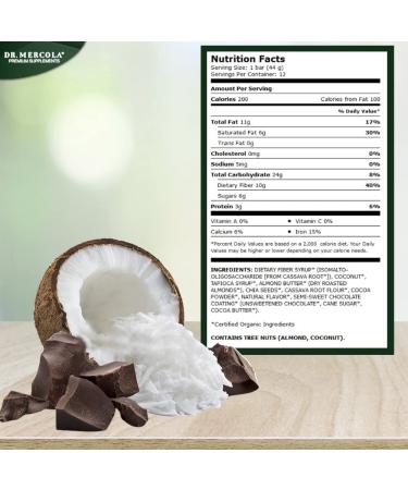 Dr. Mercola Organic Cocoa Cassava Coconut Chia Bars - 12 Bars, Chocolate-Coated Gourmet Snack Bar, Non GMO, Soy Free, Gluten Free, USDA Organic - Buy Online on GoSupps.com