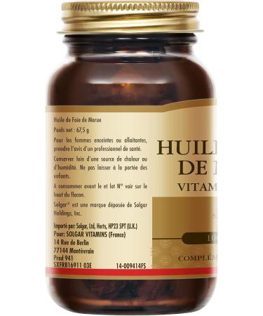 Solgar Huile de Foie de Morue - Vitalit - D fenses Immunitaires - Acides Gras - Vitamine A et Vitamine D - Compl ment Alimentaire - Flacon de 100 softgels - Buy Online on GoSupps.com