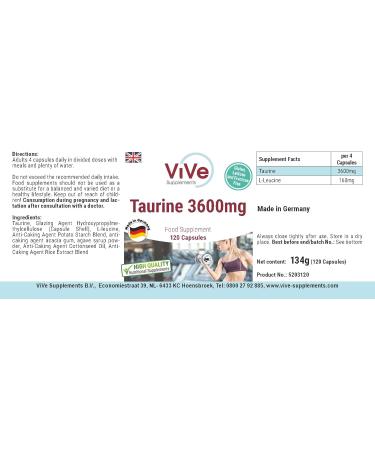 Taurin 3600mg Vegan Capsules - 120 High Dose Supplements - Quality from Germany | Vive Supplements - Buy Online on GoSupps.com