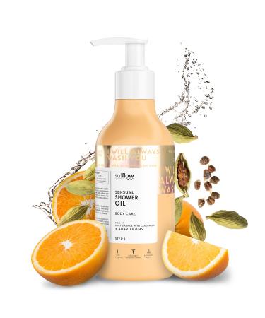 Soflow radiant glow shower gel with juicy orange and cardamom mixed with Citrus aurantium amara flower extract for refreshing skin juicy orange with cardamom