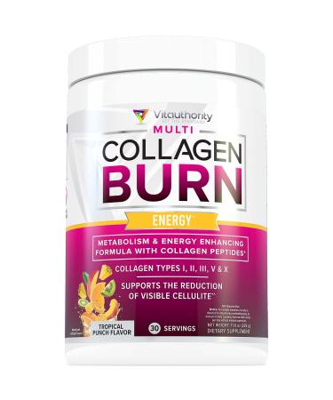 Multi Collagen Burn: MultiType Hydrolyzed Protein Peptides with Hyaluronic Acid Vitamin C SOD B Dimpless Types I II III V and X with Caffeine 30 Servings Tropical Punch Flavored Energy - Tropical Punch