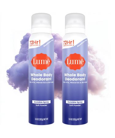 Lume Invisible Spray Deodorant For Women - Whole Body Deodorant Spray - 72 Hr Odor Control - Ozone Friendly Natural Propellant - Aluminum & Baking Soda Free Skin Loving - 2 pack (Soft Powder)