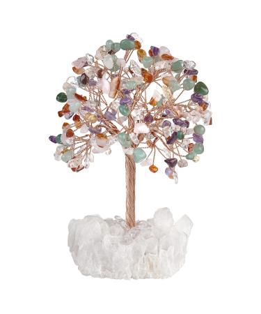 Kyeygwo mixed stone healing crystal money tree on natural mountain crystal druse rodstein base feng shui bonsai tree stone luck tree figure gemstone tree ornament house decor