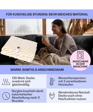 Klarstein XXL Thermal Blanket - 120W Heated Ceiling with Auto Shut-Off | Energy-Saving & Washable | 200x180 cm Cuddly Cover for Bed Sofa & Camping - Beige Lines - Buy Online on GoSupps.com