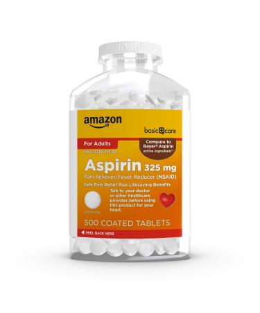 Amazon Basic Care Aspirin Pain Reliever and Fever Reducer (NSAID), 325 mg Coated Tablets, White, 500 Count 500 Count (Pack of 1) 325mg