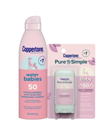 Coppertone WaterBabies Sunscreen Spray, SPF 50 Baby Sunscreen, Spray On Sunscreen, 6 Oz and Pure and Simple Sunscreen Stick, SPF 50, 0.49 Oz