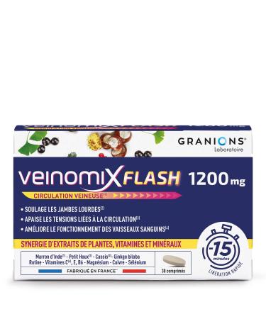 GRANIONS Veinomix Flash 1200 mg: venous circulation heavy legs hemorrhoids - Plants (horse chestnut small holly) vitamins minerals - 30 flash release tablets made in France