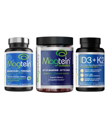 Magtein Magnesium L-Threonate 60 Capsules, Magceutics Adult Gummies 150 Count, Vitamin D3 K2 30 Capsules - Bundle