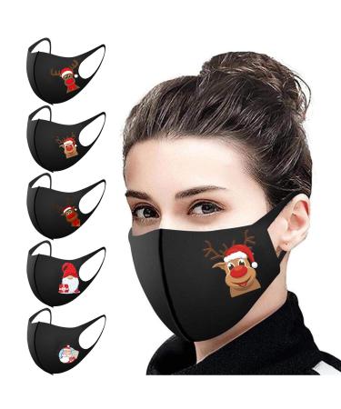 Riou 5 pieces Mouth protection with motif washable cotton breathable dustproof mouth and nose protection face covering for women men (Z-14)