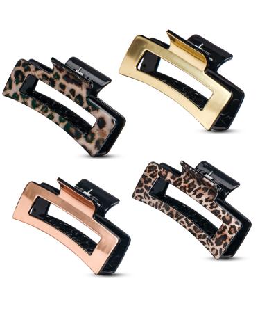 Hair Claws 4 pcs Claw Clip Set Rectangle Retro Gold Metallic Leopard Print Tortoise Shell Claw Hair Clips For Girls Women Medium To Large Size 8.5cm
