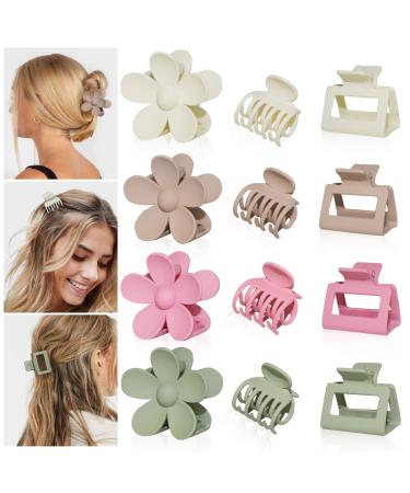 12pcs Large Flower Claw Clips for Thick Thin Curly Hair  Medium Square Claw Hair Clips Women Cute Matte Small Hair Claw Clips for Thin Fine Hair Girls 3 Style Jaw Clamps 90s Hair Styling Accessories
