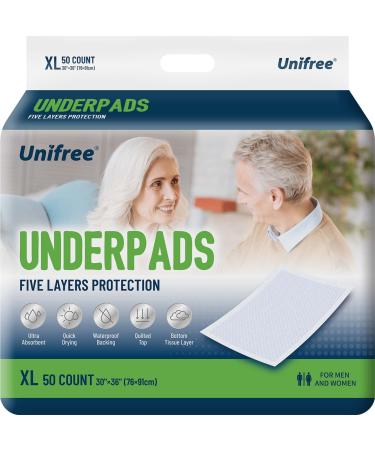 Unifree Disposable Underpads, Bed Pads, Incontinence Pad, Super Absorbent, 50 Count, Blue (XL 30x36 Inch) X-Large (Pack of 50) 50.0