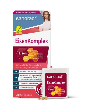 Sanotact iron complex (100 mini tablets) With 14mg of iron highly dose copper folic acid vitamin C B2 B6 B12 Immediate effect in the event of iron deficiency Iron for blood formation 100% vegan 50 portions (100 pack) - Buy Online on GoSupps.com