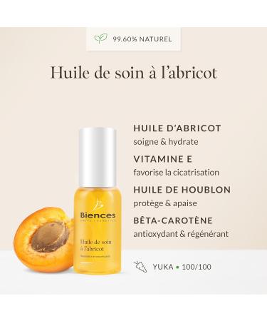 Biences Swiss Cosmetics Apricot Oil for Face and Body Enriched with Vitamin E - 100/100 Yuka & Natural 99.60% - Suitable for the Whole Family - Vegan and 100% Swiss - 50 ml - Buy Online on GoSupps.com