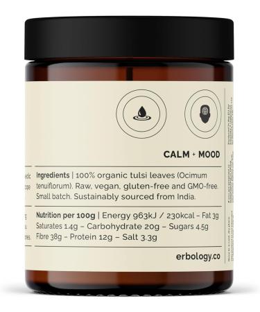 Erbology Organic Tulsi Powder 90g - 90 Servings - Holy Basil - Calm and Mood - Sustainably Sourced Straight from Farm in India - Small Batch - Vegan - GMO-Free - Buy Online on GoSupps.com