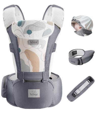 Bebamour Baby Carrier Newborn Front and Back Carry Baby Carrier Newborn to Toddler Baby Hip Carrier with Head Hood,Waist Extender & 3 Pieces Teething Pads (Grey) A Mesh Grey