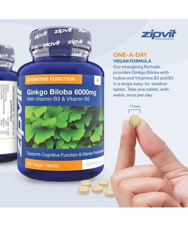 Ginkgo Biloba 6000mg Standardised Leaf Extract 360 Vegan Tablets with Vitamin B3 & B5 | Supports Focus, Mental Performance & Energy | Vegetarian Society Approved | 12 Months Supply - Buy Online on GoSupps.com