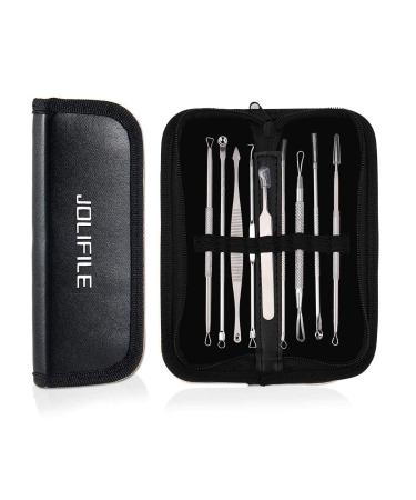 JOLIFILE Pimple Popper Tool 9PCs Spot Popper Comedone Blackhead Remover Kits with Curved Tweezers and Pimple Popper Spot Remover for Facial Skin 9 Count (Pack of 1)