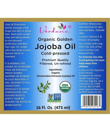 Verdana Organic Golden Jojoba Oil - USDA Certified, Cold Pressed, 100% Pure & Hexane Free - 16 Fl Oz - Buy Online on GoSupps.com