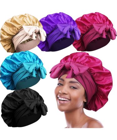 Heniho 5pcs Satin Bonnets for Black Women  Large Bonnet with Tie Band  Jumbo Braids Bonnet  A 5pcs A- Solid