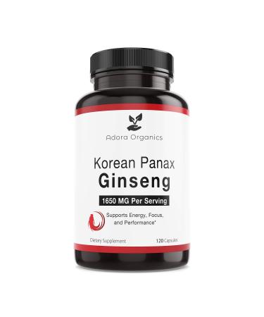 Adora Organics Korean Red Panax Ginseng 1650 mg Extra Strength Root Extract Powder with High Gineosides - Focus - Energy - Perform 120 Vegan Capsules