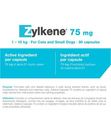Vetoquinol Zylkene Veterinary Health Product - Calm and Relaxed Behaviour in Pets During Stressful Events - 75 mg - Cats and Small Dogs - 30 Caps Cats and Small Dogs 30 Caps - Buy Online on GoSupps.com