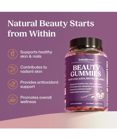 ColonBroom Beauty Biotin & Collagen Gummies with Vitamin C | Hair Skin and Nails Vitamins for Women & Men Beauty Supplement for Hair Health Collagen Peptides Gummies (Orange Flavor 30 Day Supply) - Buy Online on GoSupps.com