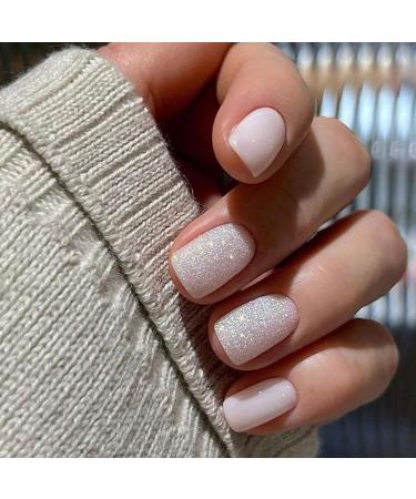 Square False Nails Short 24Pcs Glitter Fake Nails Nude White Press on Nails Milky White French Nails Tips with Nail Glue Acrylic Stick on Nails for Women Girls Nails Art Aurora Glitter