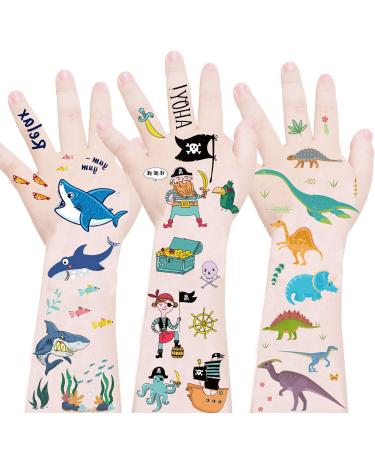 Mocossmy Dinosaur Temporary Tattoos for Kids,9 Sheets Dinosaur Shark Pirate Waterproof Fake Tattoos Body Decoration DIY Crafts for Kids Boys Girls Birthday Gifts Ocean Themed Party Favor Supplies