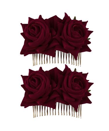 CROWN GUIDE 2-Pack Rose Flower Bridal Hair Combs Women Wedding Hair Accessories Pieces For Brides Flamenco Dancer Hairstyles Burgundy One Size (Pack of 2) Burgundy