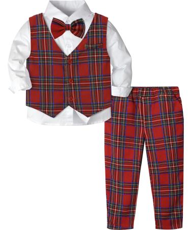 mintgreen Baby Boys Gentleman Suit Set Long Sleeve Shirt with Bowtie + Waistcoat + Pants Size: 1-4 Years Red Plaid 12-18 Months