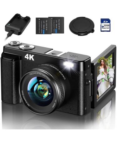 Aufoya 4K Digital Camera, Autofocus 48MP Video Camera Camcorder with 32GB Memory Card, 180 Flip Screen 16X Digital Zoom Vlogging Camera for YouTube with Battery Charger, 2 Batteries